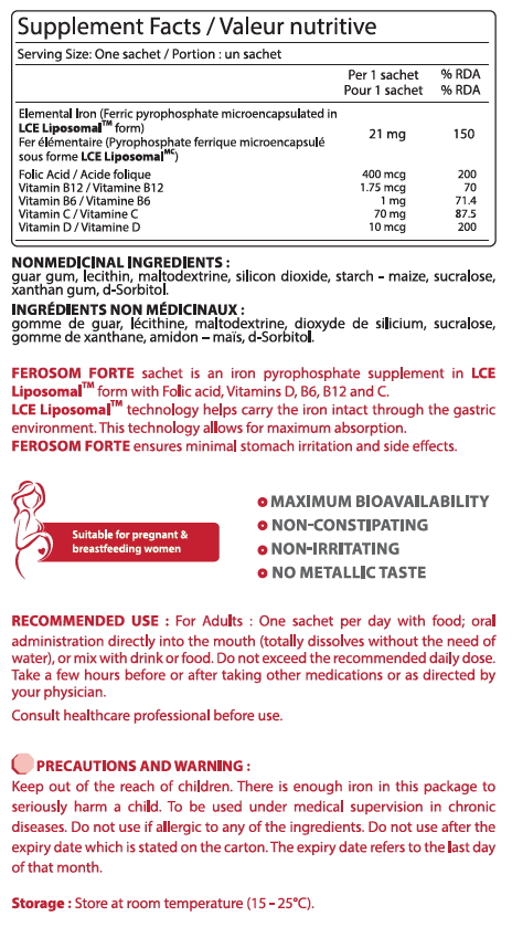 Ferosom Forte LCE Liposomal Iron Supplement - 20 Powder Sachets